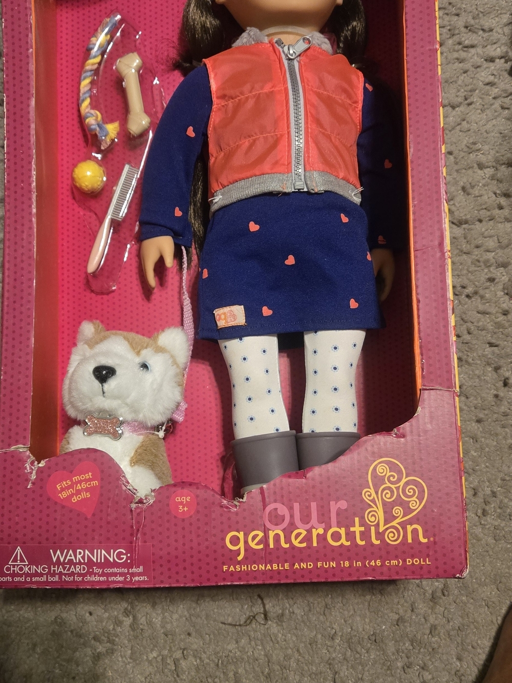 Our Generation Doll Navy Heart Dress Doll Outfit with Coral Vest
